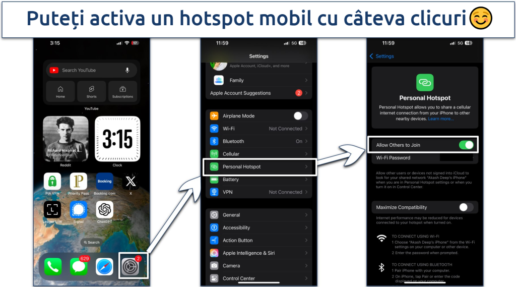 Screenshots showing how to activate a mobile hotspot on an iPhone