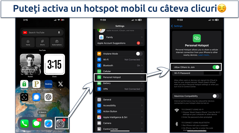 Screenshots showing how to activate a mobile hotspot on an iPhone