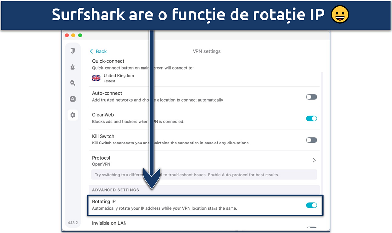 Screenshot of Surfshark's Settings menus with the Rotating IP feature highlighted