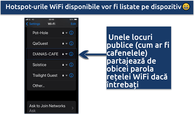 Screenshot showing the available WiFi hotspots on an iPhone