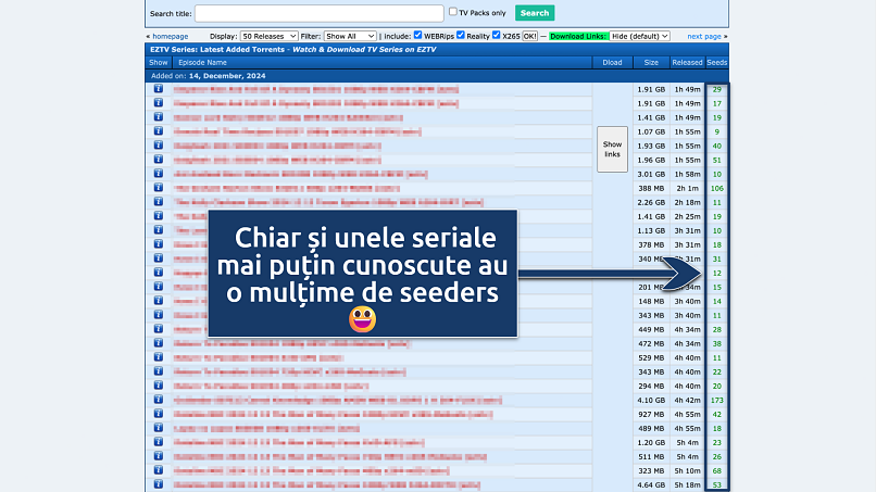 Screenshot of the eztv search results page