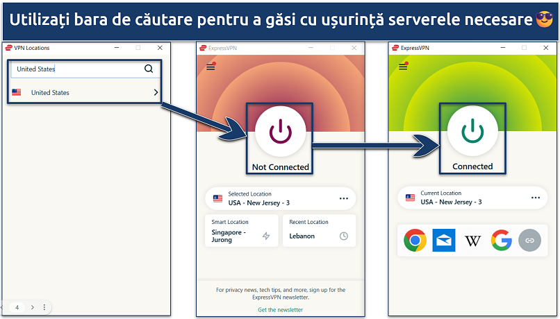 Screenshot of ExpressVPN's app with the United States servers