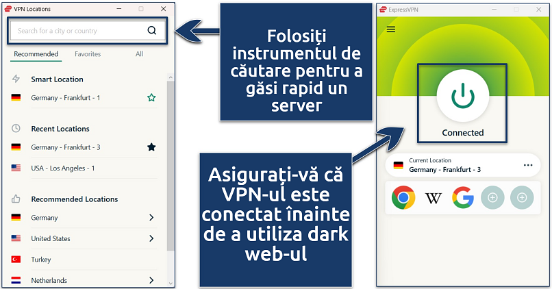 Screenshots of the ExpressVPN Windows app with an active connection to the Germany - Frankfurt - 3 server