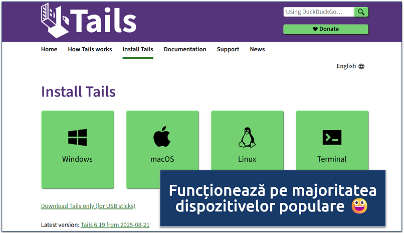 Screenshot of the Tails OS installation page showing options for Windows, macOS, Linux, and Terminal